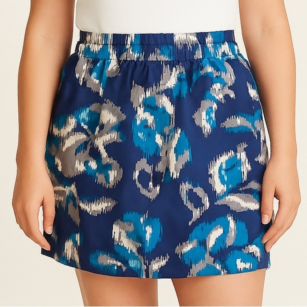 Ann Taylor LOFT Silk Mini Skirt Blue Abstract Boho Print Pockets Elastic Waist S